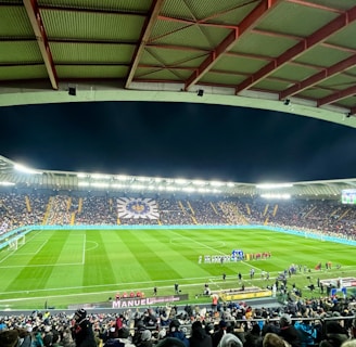 A large football stadium filled with spectators. The field is brightly lit, and two teams are positioned on the pitch. The stadium is covered, with a visible roof structure and stands filled with fans. Scoreboards are visible displaying game information.